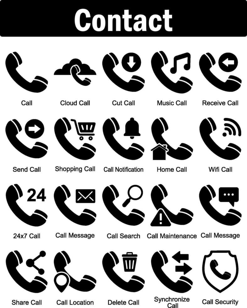 A set of 20 contact icons as call, cloud call, cut call vector