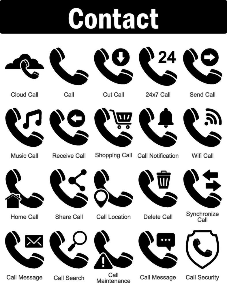 A set of 20 contact icons as cloud call, call, cut call, 24x7 call vector