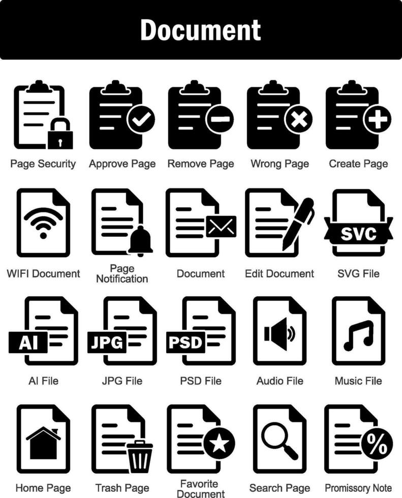 A set of 20 Document icons as page security, approve page, remove page vector