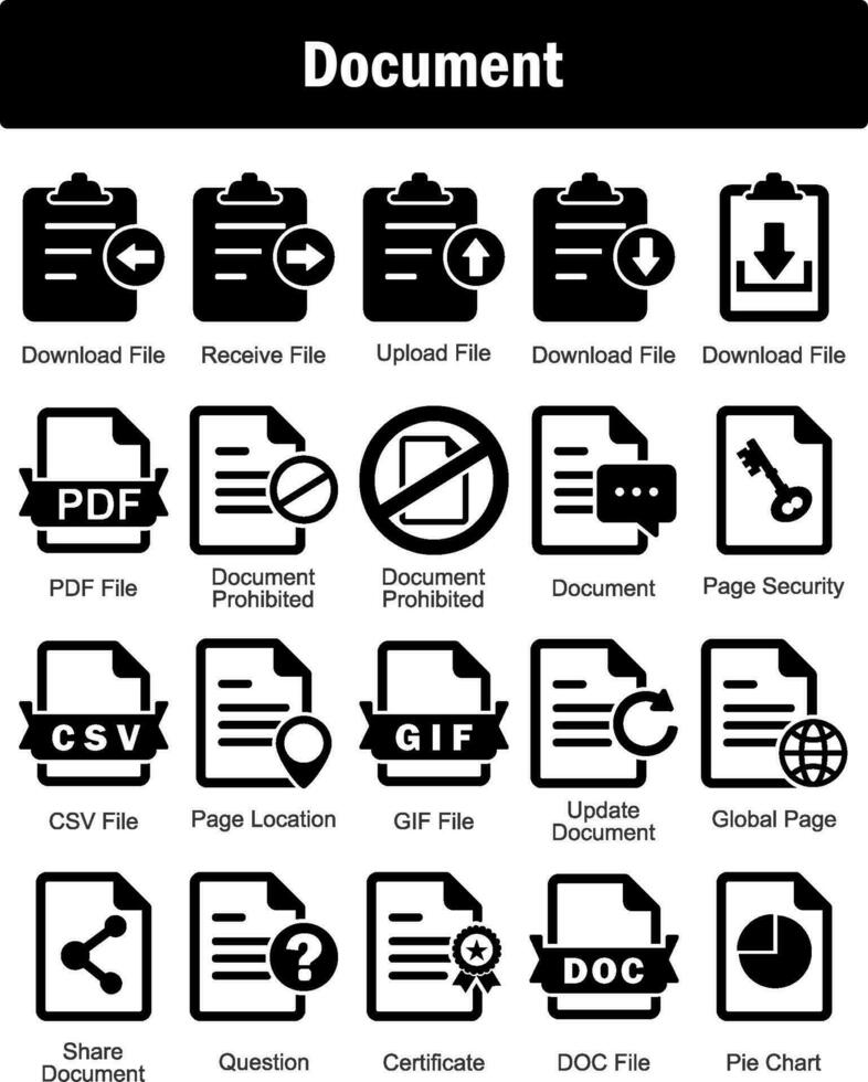 un conjunto de 20 documento íconos como descargar archivo, recibir archivo, subir archivo vector