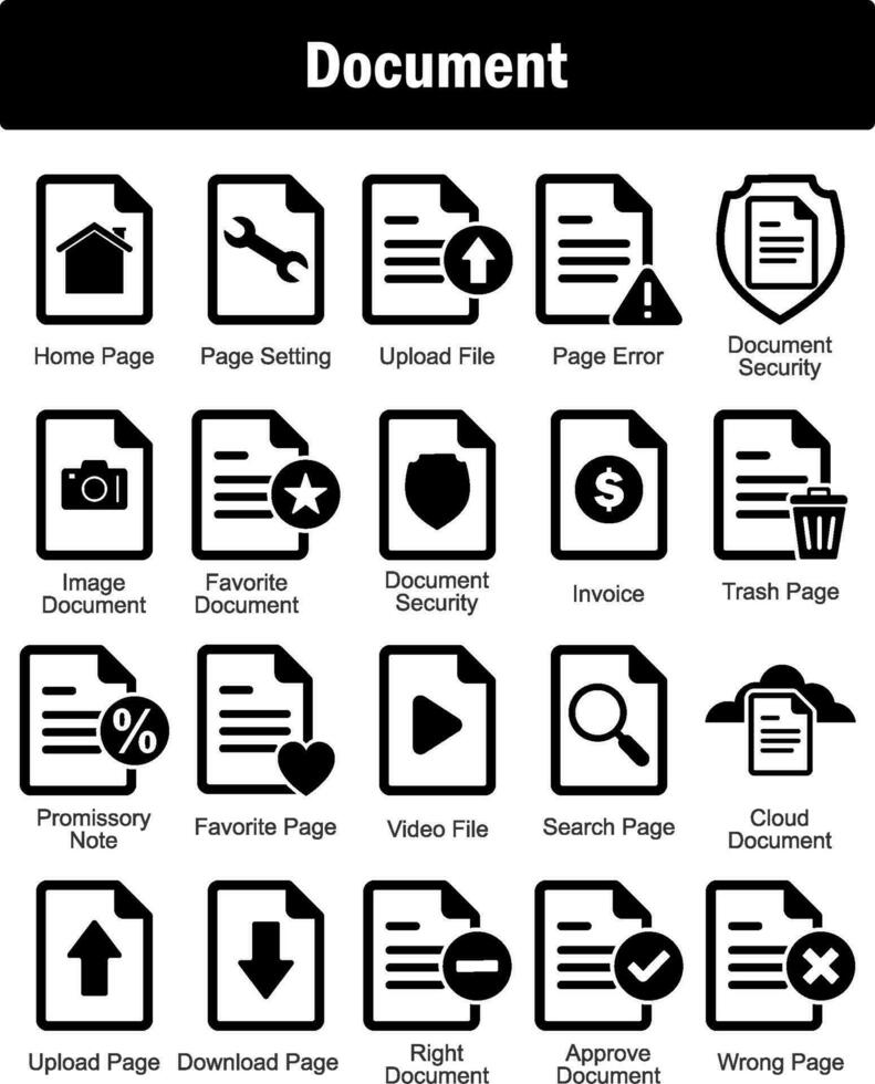 A set of 20 Document icons as home page, page setting, upload file vector