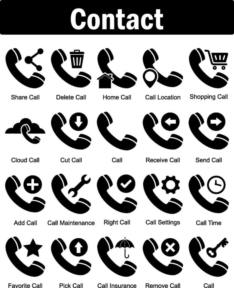 A set of 20 contact icons as share call, delete call, home call vector