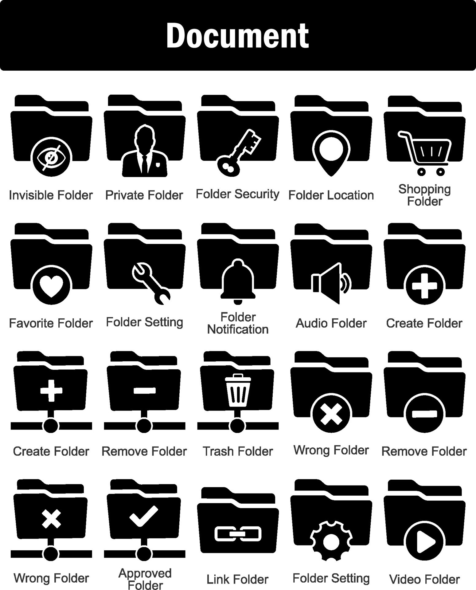 A set of 20 Document icons as invisible folder, private folder, folder
