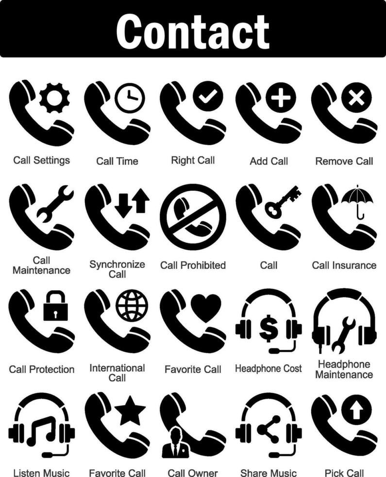 A set of 20 contact icons as call settings, call time, right call vector