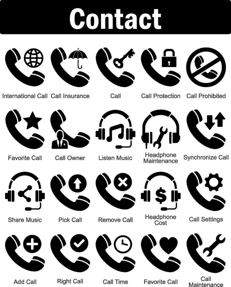 A set of 20 contact icons as international call, call insurance, call vector