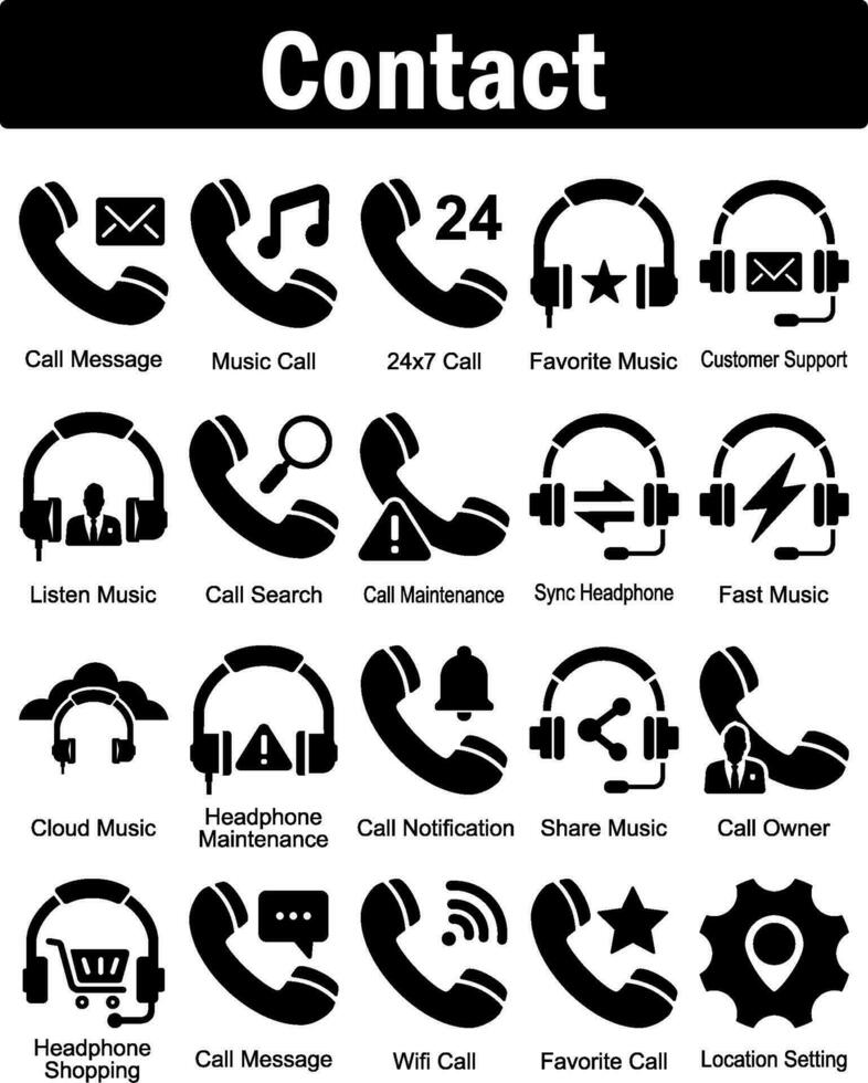 A set of 20 contact icons as sync headphone, share music, call owner vector