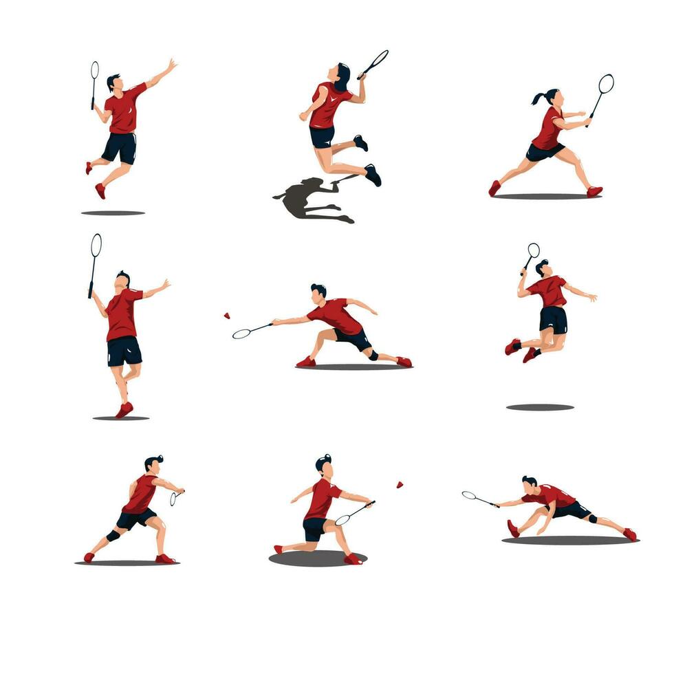 vector illustrations - sport man and women athlete are playing badminton set - flat cartoon style