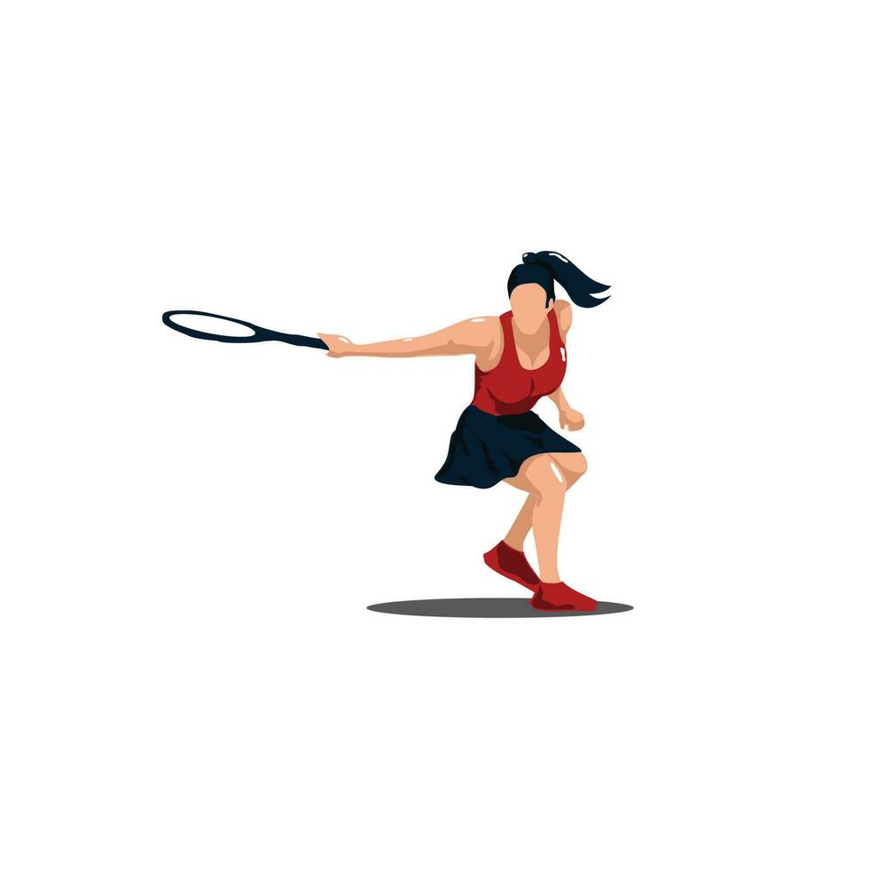 vector ilustraciones - deporte mujer columpio su tenis raqueta horizontalmente a alcanzar el pelota - plano dibujos animados estilo