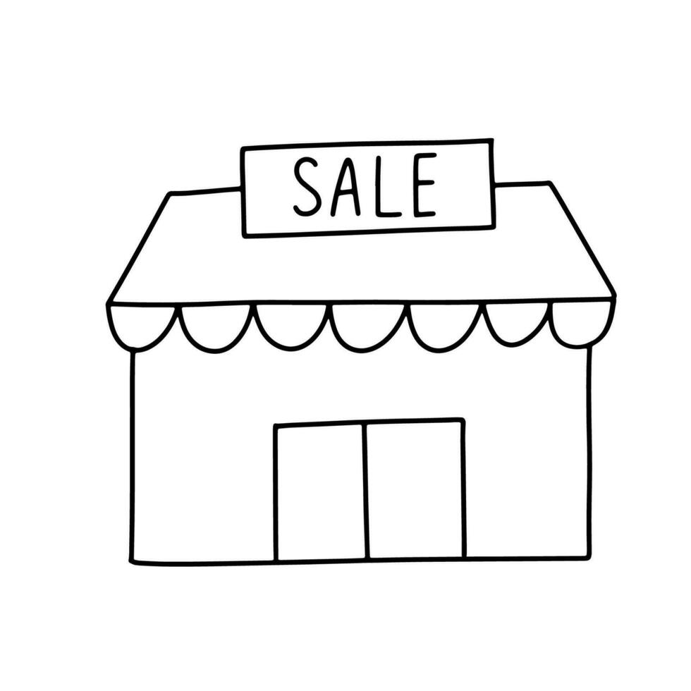 Outline store with sale sign. Shop doodle isolated on white background. Vector sketch