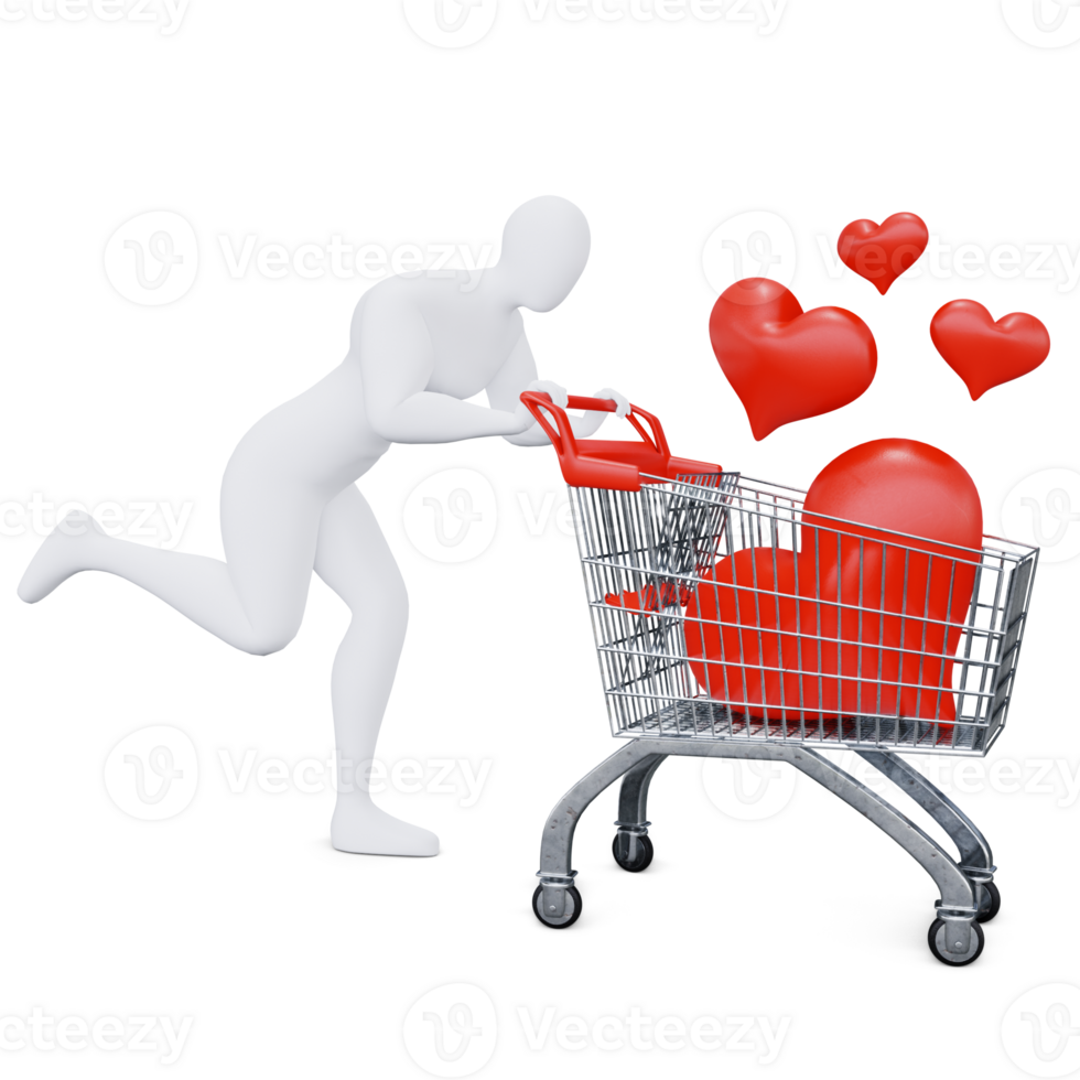 The 3d Human Is Pushing the Heart Shopping Cart Energetically. 3d Shopping Concept. png