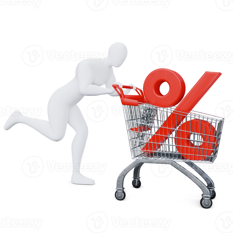The 3d Human Is Pushing the Discount Shopping Cart Energetically. 3d Shopping Concept. png