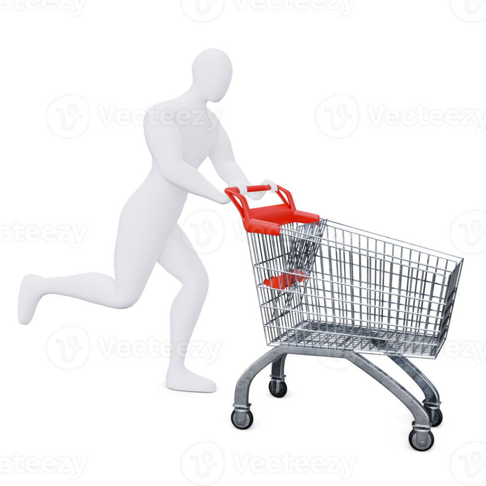 The 3d Human Is Pushing the Shopping Cart Energetically. 3d Shopping Concept. png