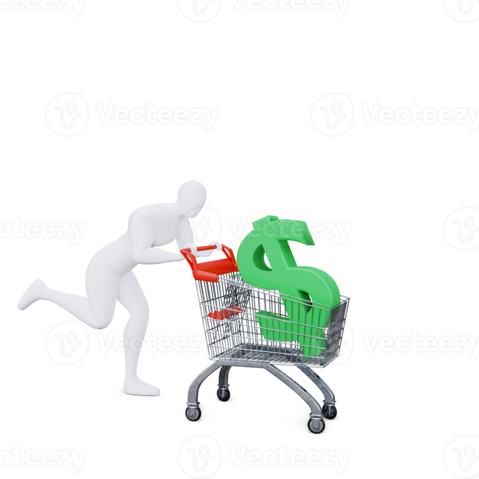 The 3d Human Is Pushing the Money Shopping Cart Energetically. 3d Shopping Concept. png