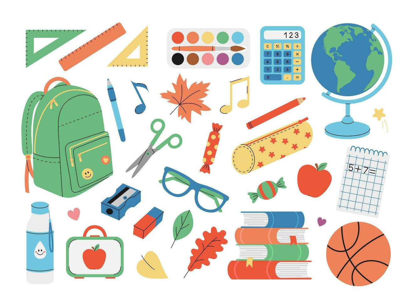 School supplies set. Backpack, globe, books, notebook, calculator, pen, pencil, paints, rulers, scissors etc. Stationery for study. Vector flat illustration isolated on white background