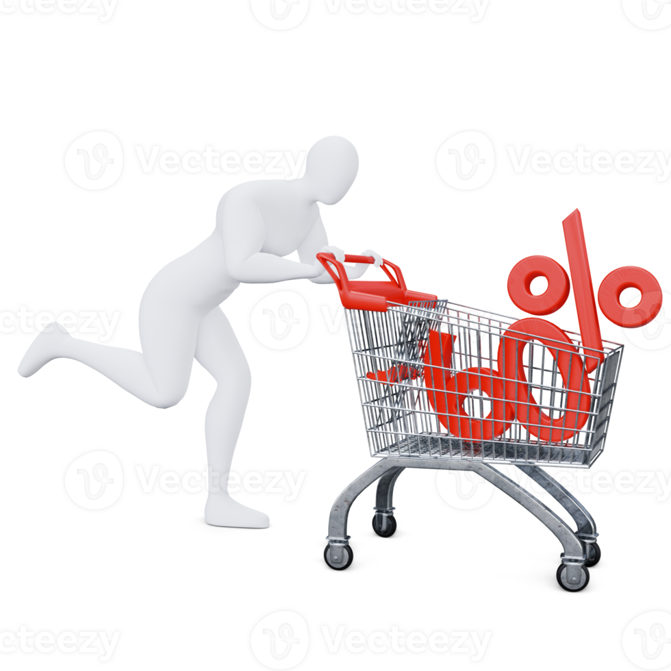 The 3d Human Is Pushing the Discount Shopping Cart Energetically. 3d Shopping Concept. png