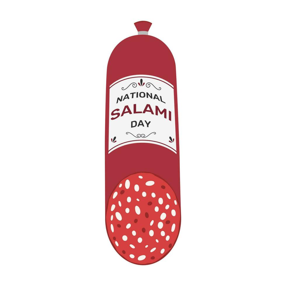National Salami Day. Sliced salami sausage in a label with holiday name text. Vector flat illustration for banner, poster, greeting card