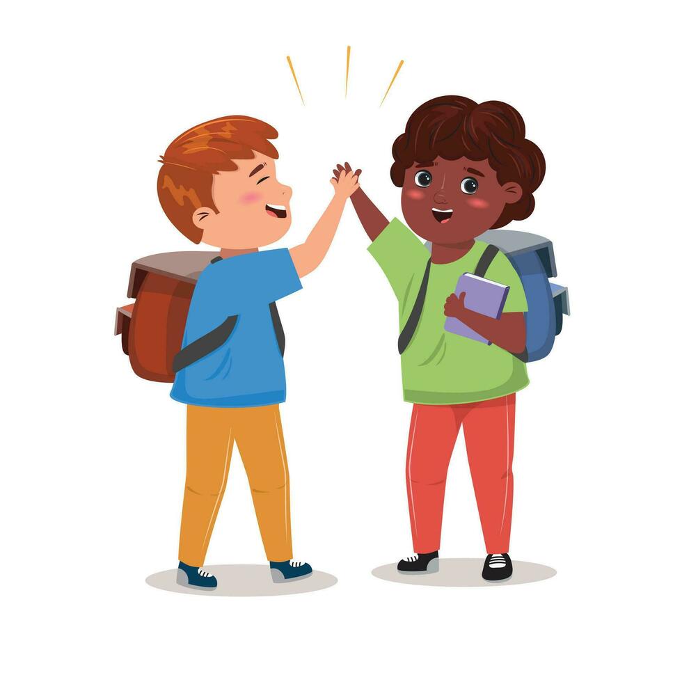 Black boy and white boy, friends meeting each other and giving high five vector