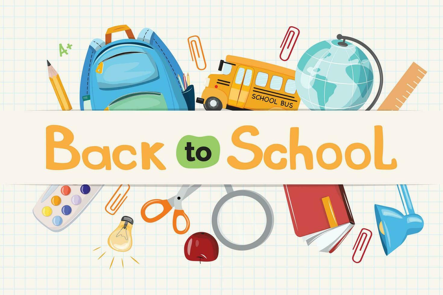 School supplies banner on grid line background. Back to school banner vector