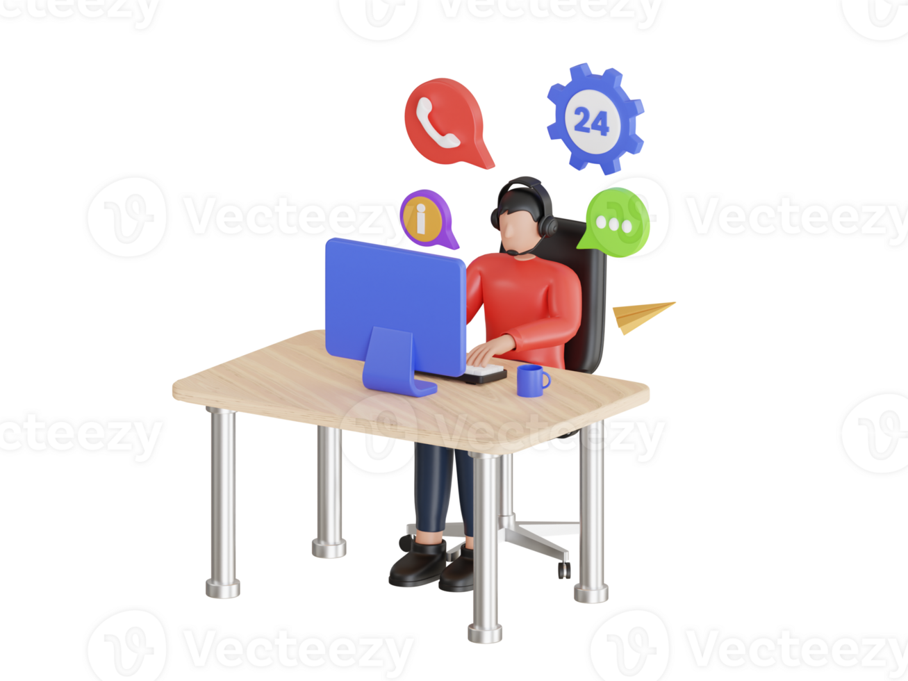 call center 24 hours 3d illustration. male call center doing multitask while working in the office. 3d illustration png