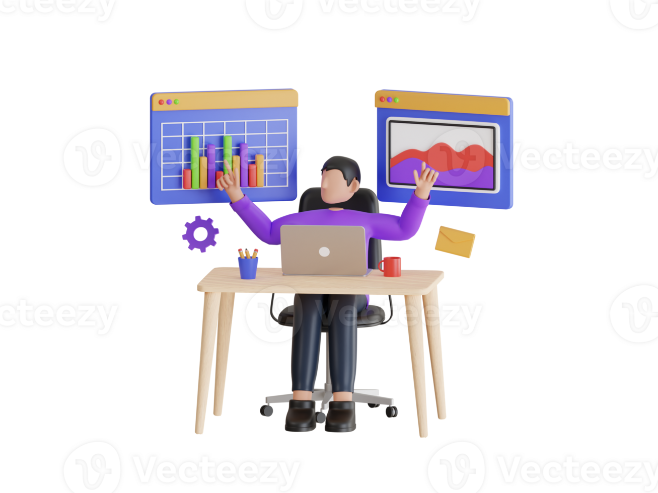 3d illustration of multitasking businessman. productivity ,project management skill, multitasking work and time management concept. png