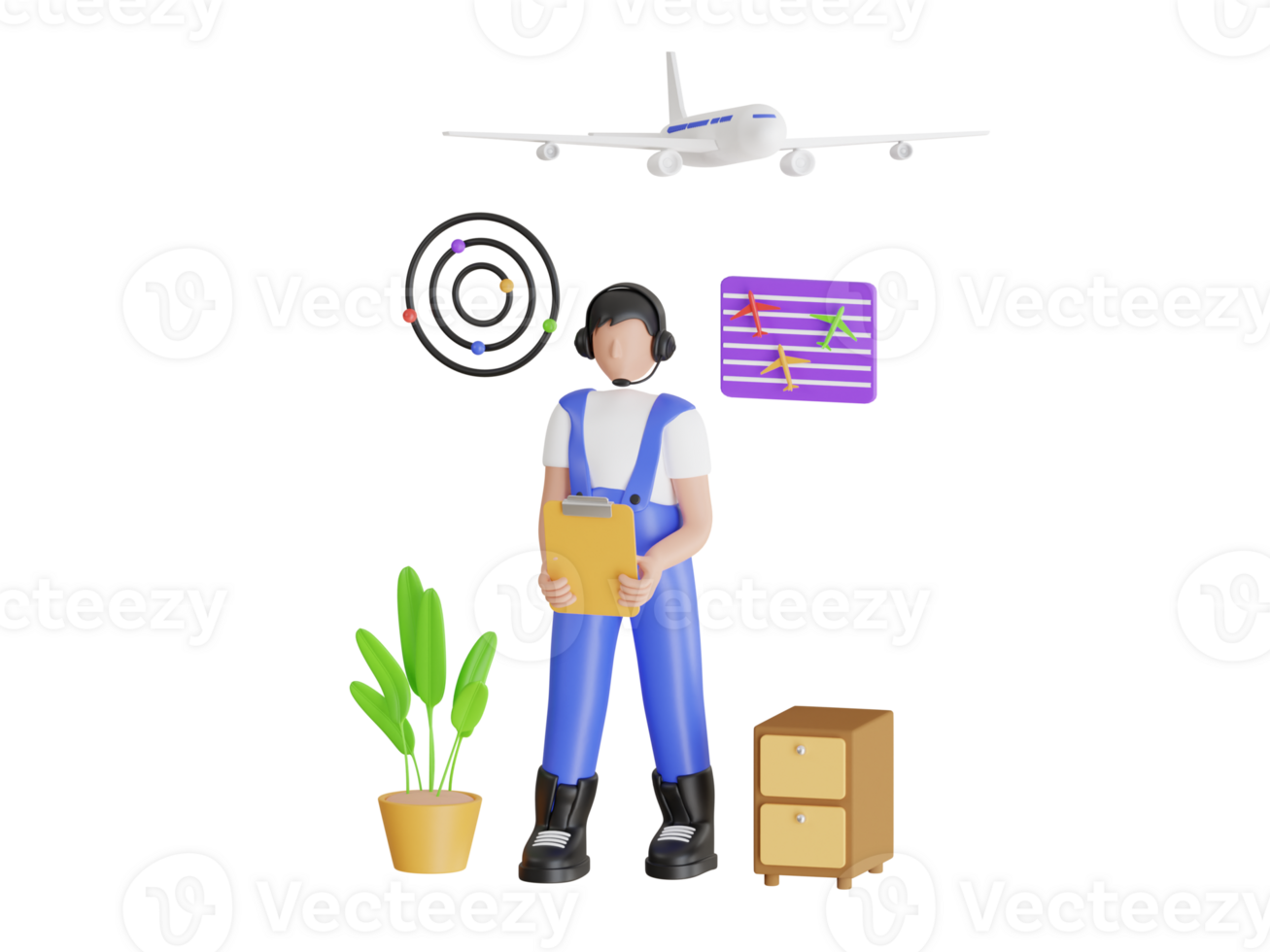 Air traffic controller monitoring multiple flights. Male Air Traffic Controller with Headset Talking in Airport Tower. 3d illustration png