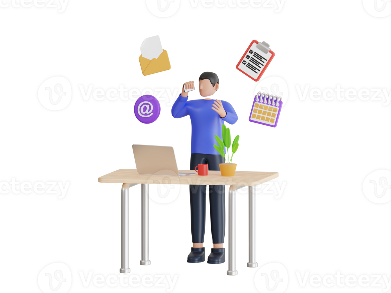3D Illustration of Businessman Doing Multitasking Work At Workplace. multitasking or manage project, productivity or time management, workload balance or work responsibility. png