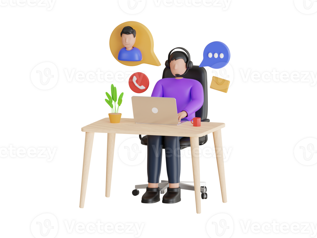 3d illustration of businessman listening to client via headset and answering customer calls in call center office. busy working in the office png