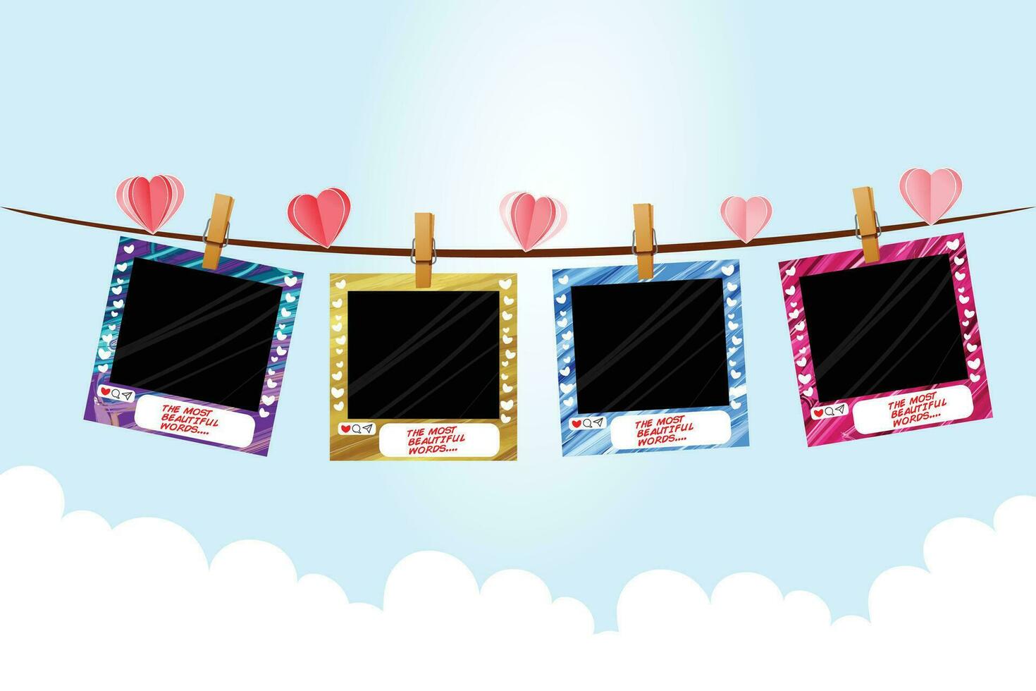 four photo frames hanging on a clothesline with hearts vector