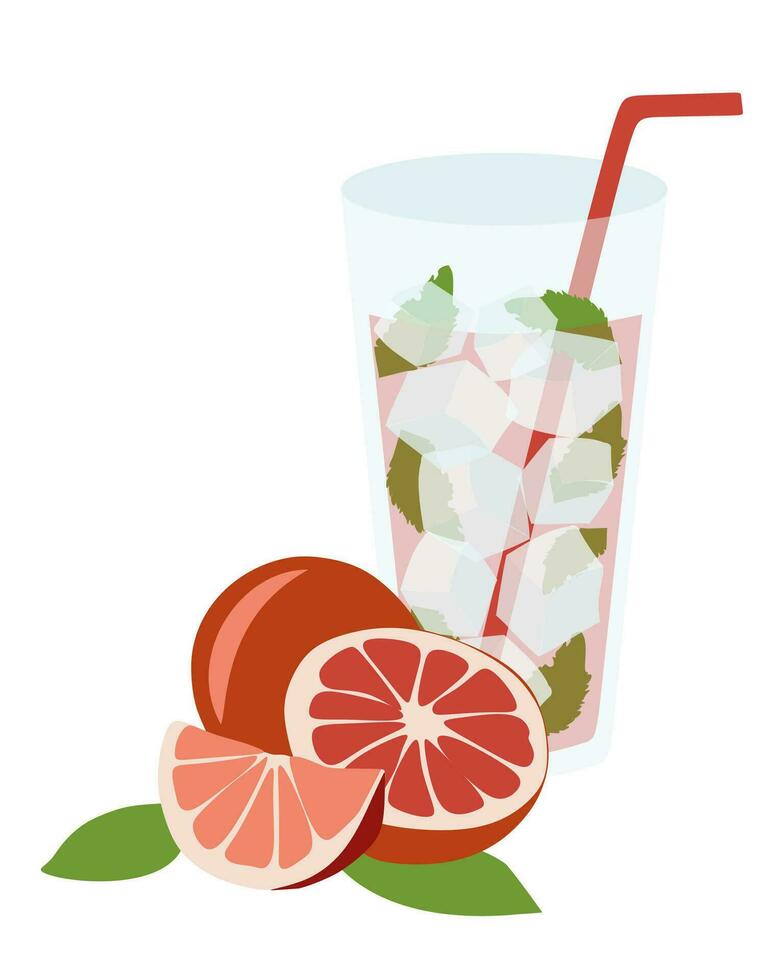 Summer Graipfruit Lemonade, Flat style Vector illustration. Summer cartoon Beverage with straw, ice cubes, mint in Glass. Refreshing cold Fruit Drink. Graphic for Poster, Banner, Flyer.