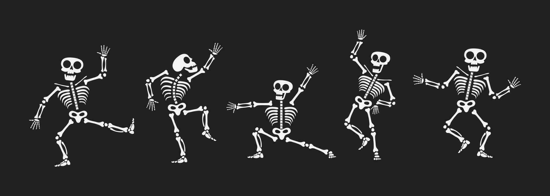 Skeletons dancing with different positions flat style design vector illustration set.