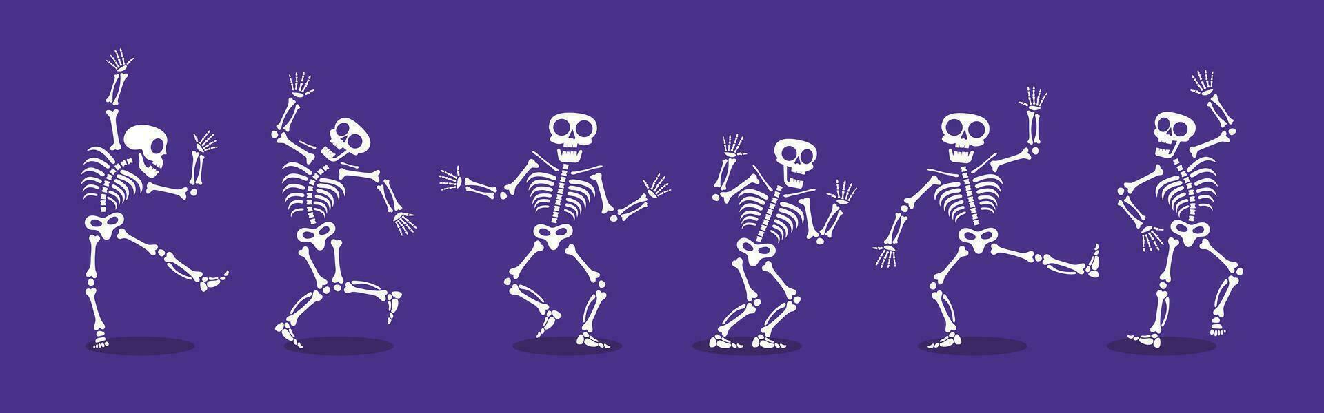 Skeletons dancing with different positions flat style design vector illustration set.