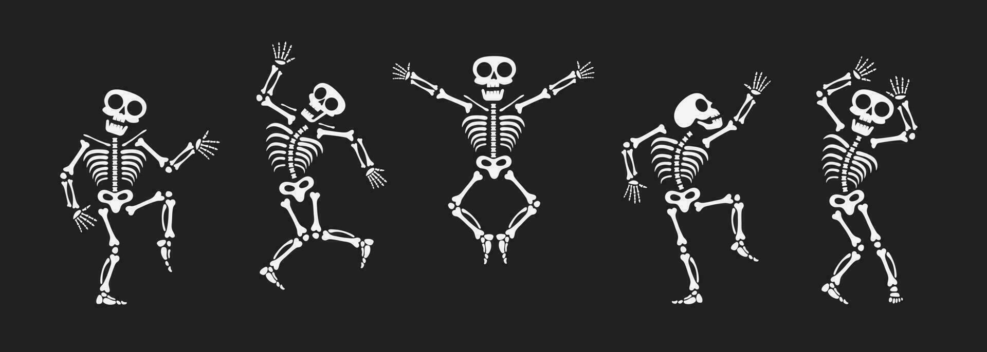 Skeletons dancing with different positions flat style design vector illustration set.