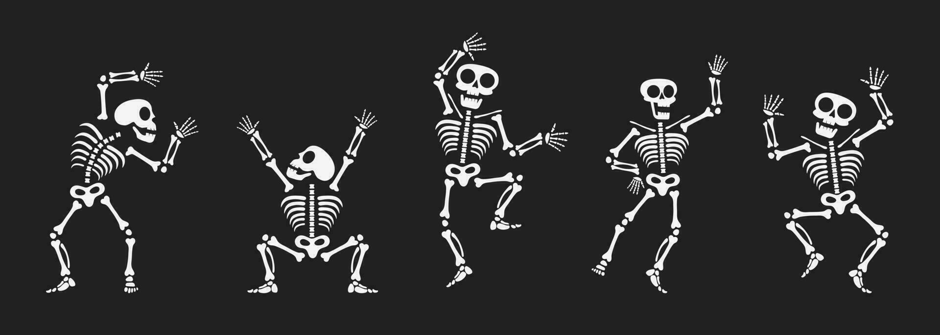 Skeletons dancing with different positions flat style design vector illustration set.