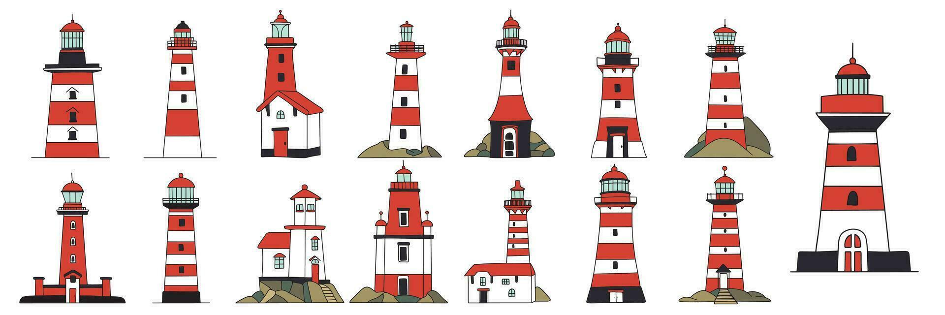 Collection of hand drawn lighthouse colored outline isolated on white background. Vector illustration.