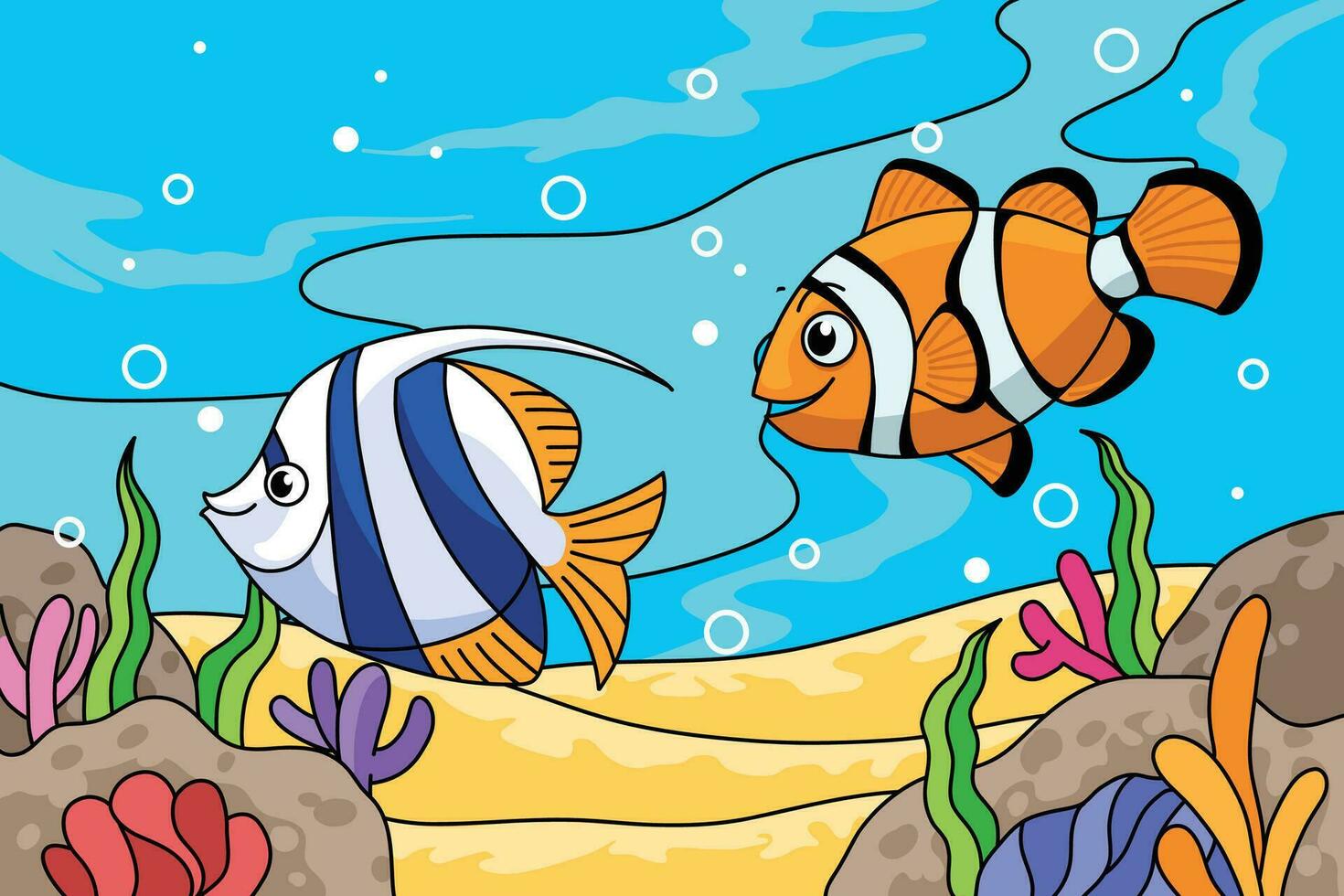 linda dibujos animados ilustración de pescado y coral arrecifes en el mar vector