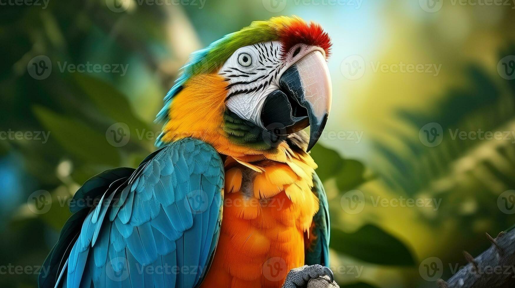 colorful blue, red and yellow Macaw in wild nature, AI Generated photo