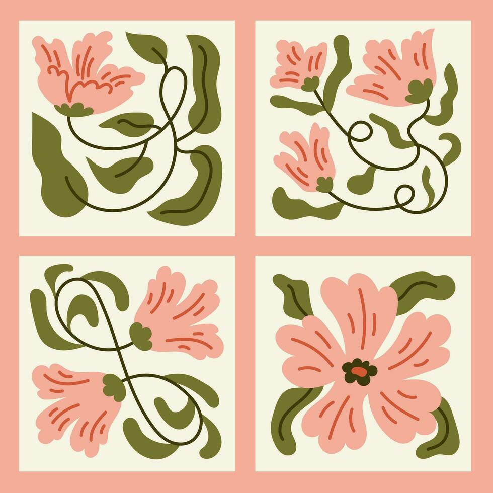 Wavy Flowers square cards set vector
