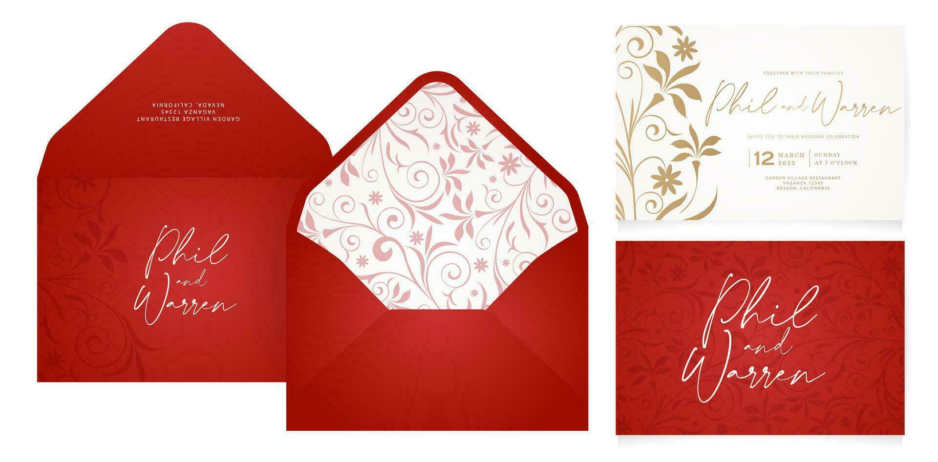 conjunto de rojo sobres con floral ornamental remolino modelo dorado frustrar para papelería, disposición, collage, escena diseños, evento volantes, bandera huellas dactilares materiales, Días festivos celebracion tarjetas, pantalla impresión vector