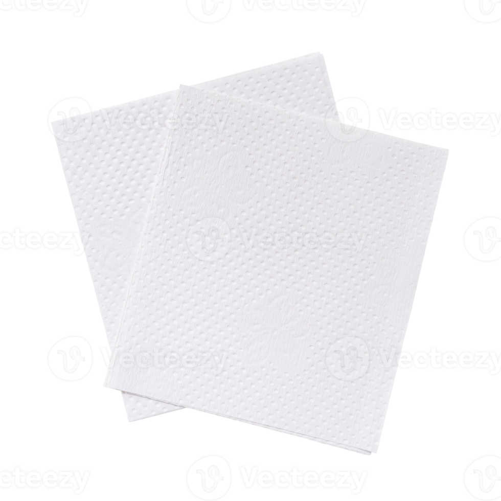 Top view of two folded pieces of white tissue paper or napkin in stack isolated with clipping path in png file format