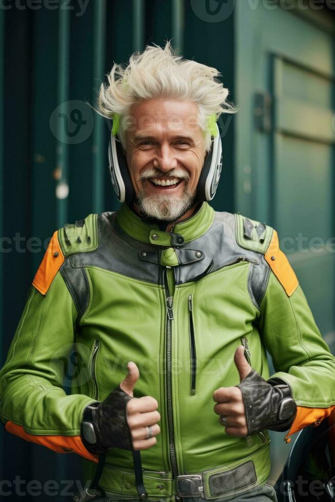 man wearing motorcycle gear and helmet, AI Generated photo