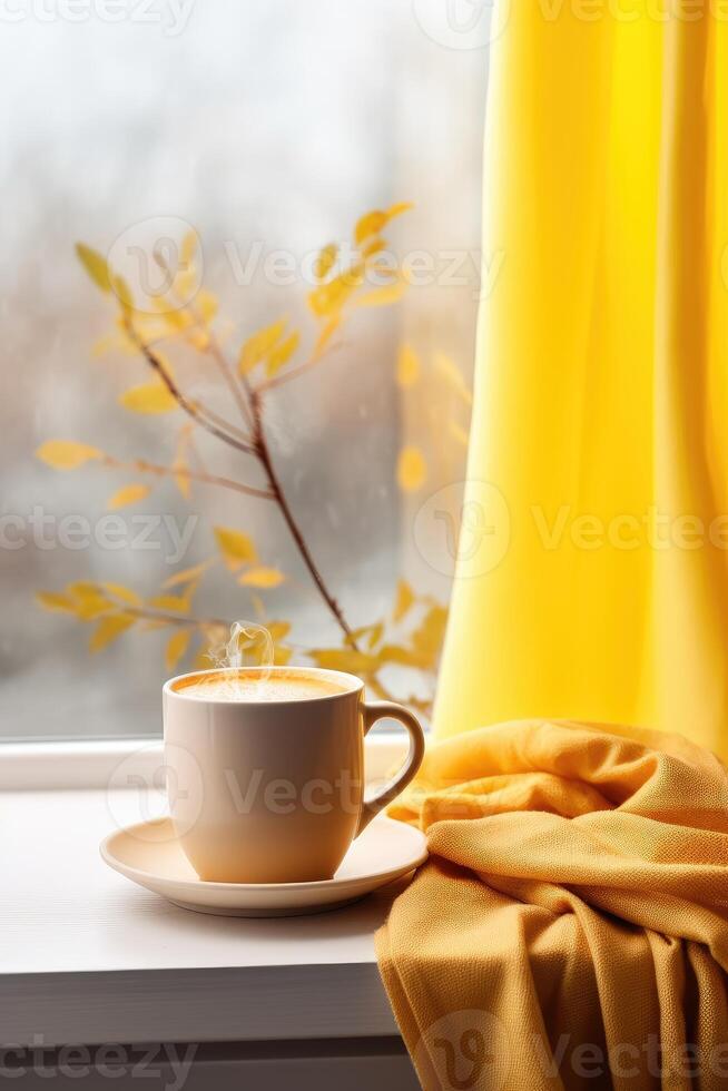 Cup of hot tea on window, yellow plaid and curtain , rain outside. AI Generated photo