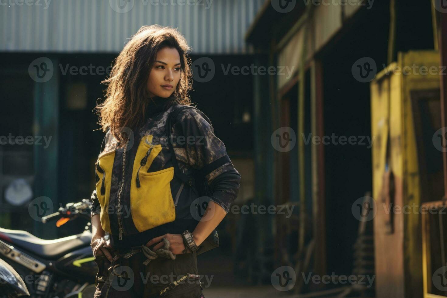 Young cool woman wearing motorcycle gear and helmet, AI Generated photo