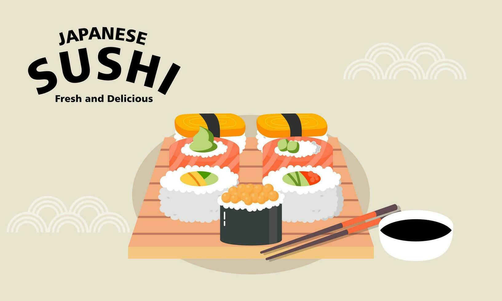 Clásico Sushi póster diseño con vector Sushi personaje