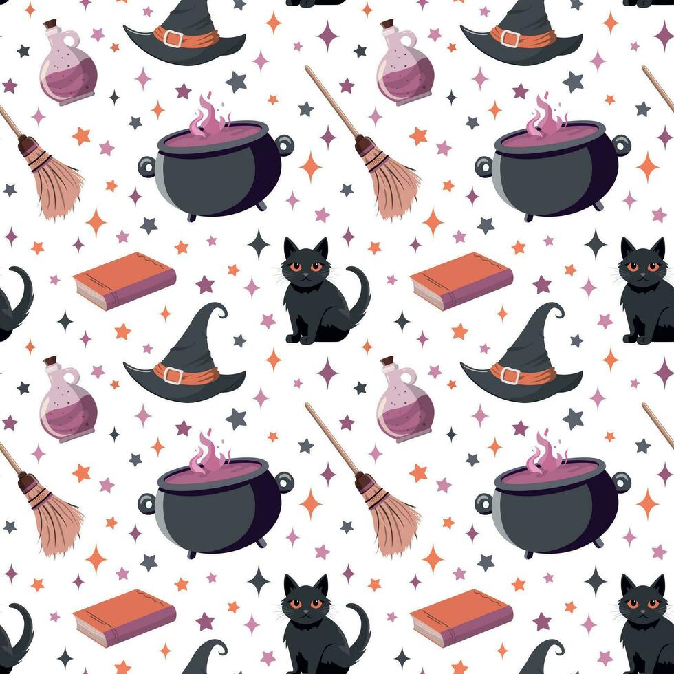 Halloween pattern with cute witch hat, potion, broom and cat, vector illustration. Isolated on white background. Dark magic and witchcraft graphic for prints, textiles and fabric designs