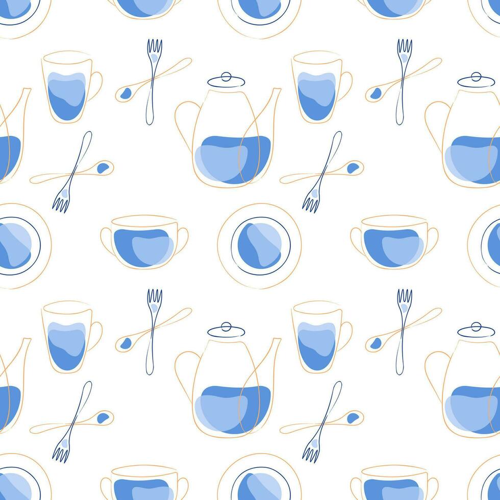 Pattern kitchenware cooking dishes blue color with teapot mug plate fork spoon in doodle style. vector