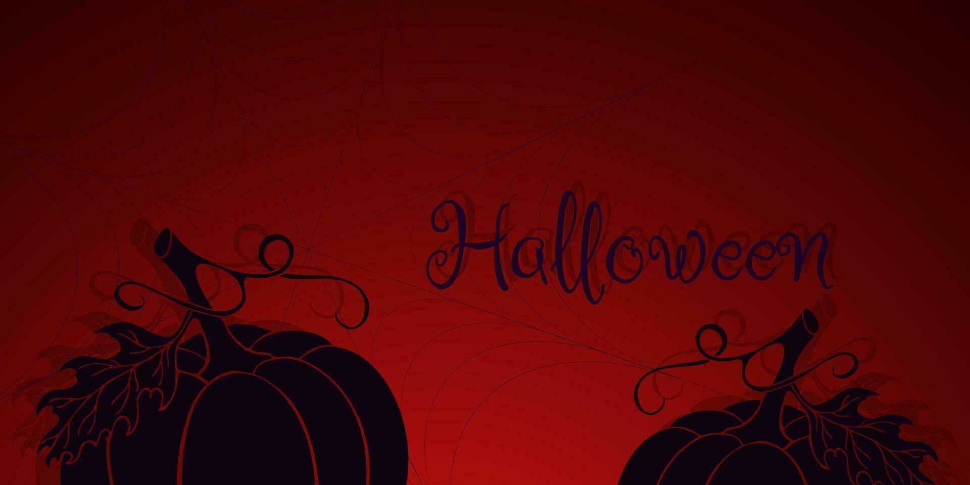 Halloween dark  banner with web and silhouette pumpkin hand drawn. vector