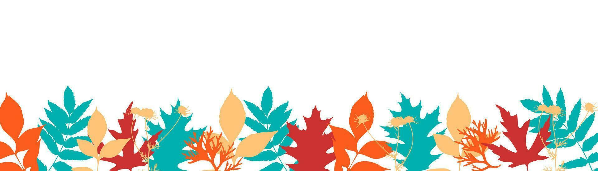 Autumn leaves border. Horizontal botanical decor, nature banner. Flat graphic vector illustration isolated on white background.