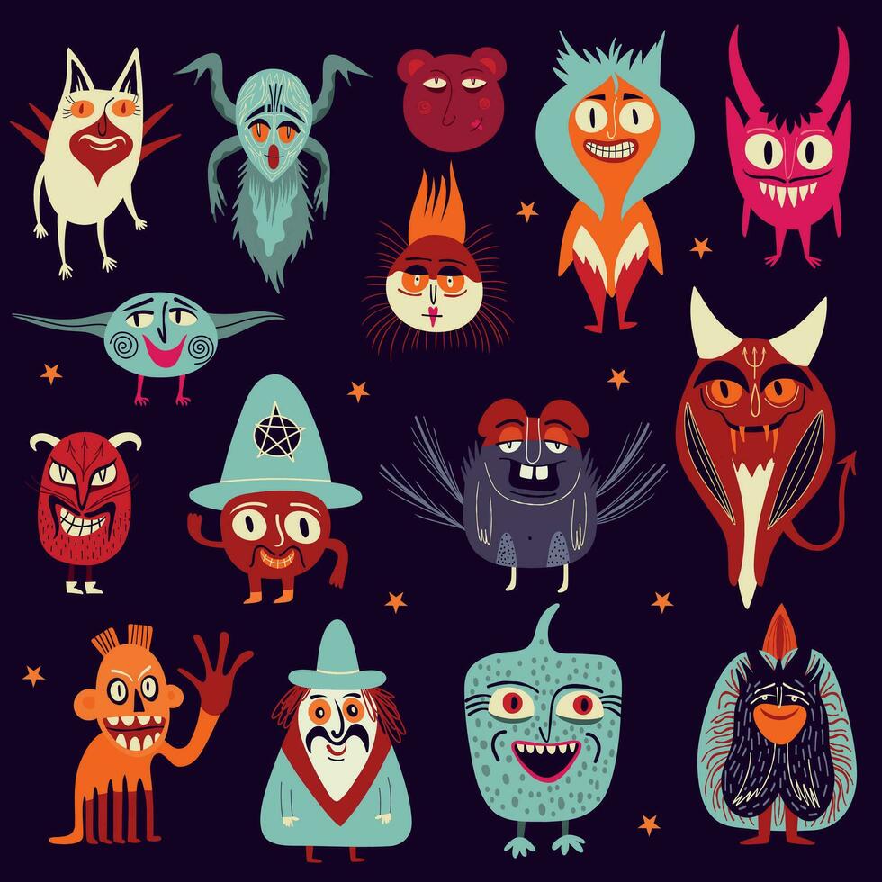 Vibrant bright Strange ugly Halloween characters. Cute bizarre comic characters in modern flat hand drawn childish style vector