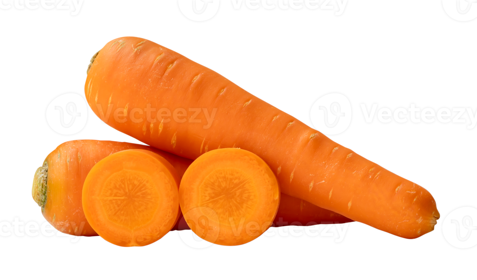 Two beautiful fresh orange carrots with slices in stack isolated with clipping path in png file format. Close up of healthy vegetable root