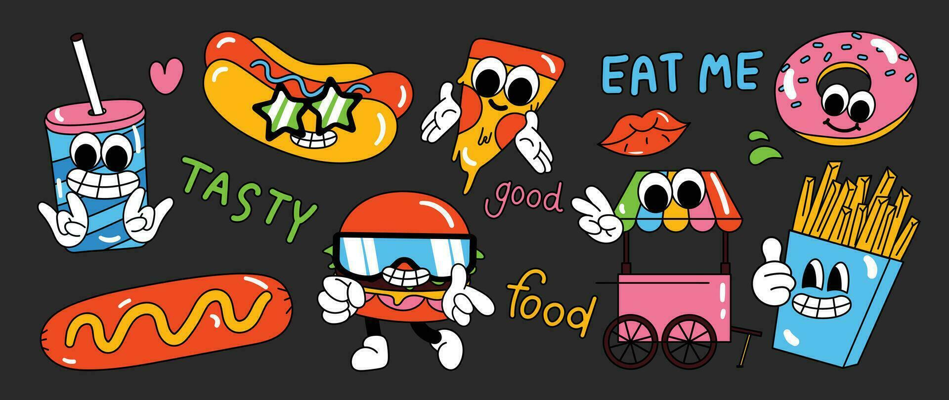conjunto de 70s maravilloso elemento comida camión concepto vector. colección de dibujos animados personaje, garabatear sonrisa rostro, hamburguesa, pizza, rosquilla, embutido. linda retro maravilloso hippie diseño para decorativo, pegatina. vector